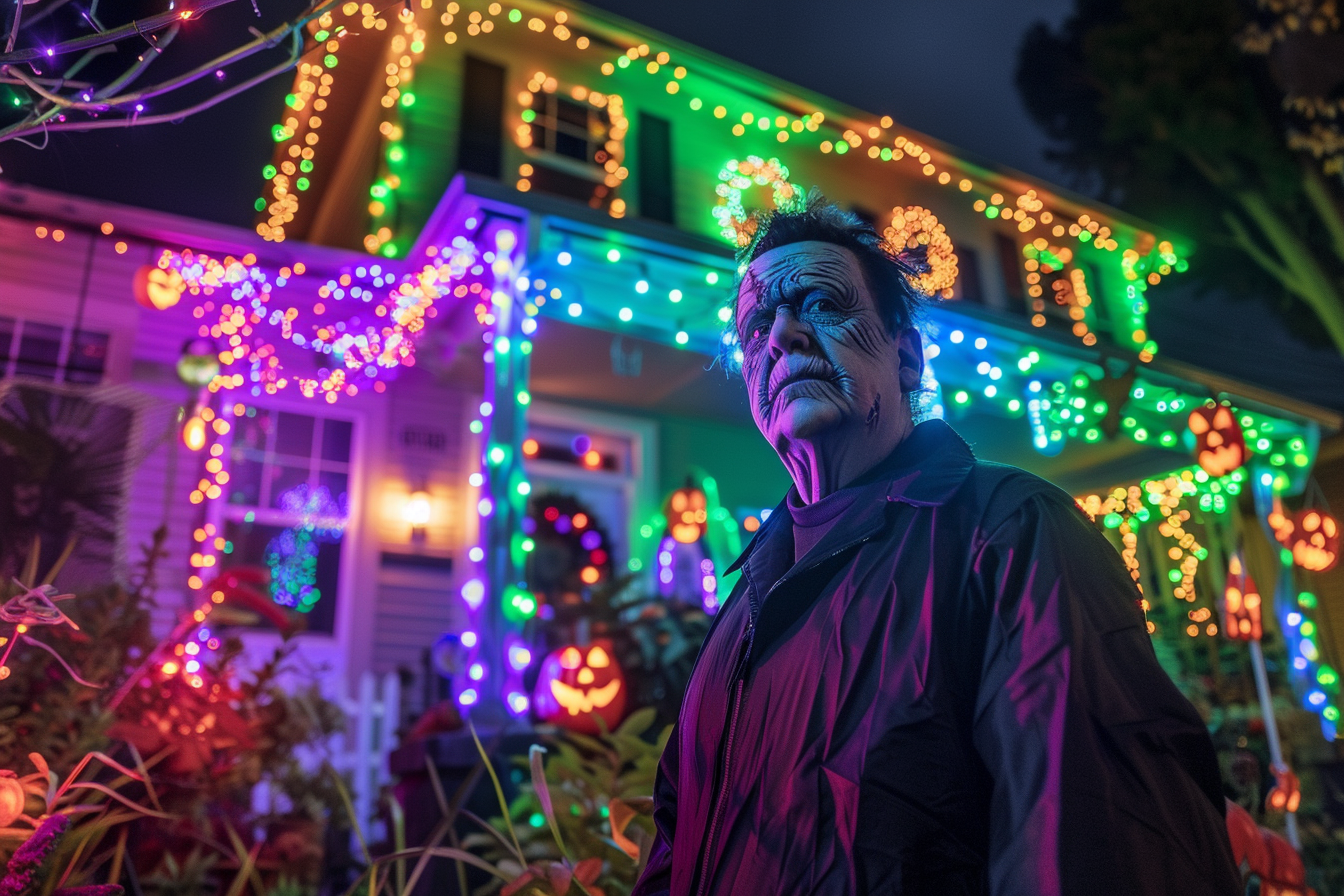 Image gratuite Homme Frankenstein, posant, maison décorée, lumières 2