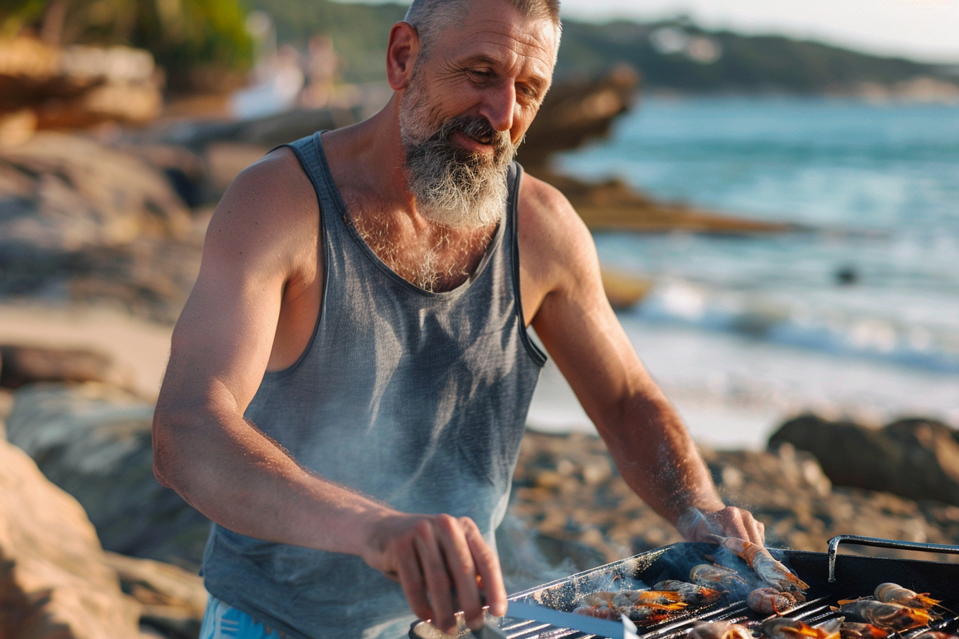 Image gratuite Homme grillant des fruits de mer sur la plage à la mer 1