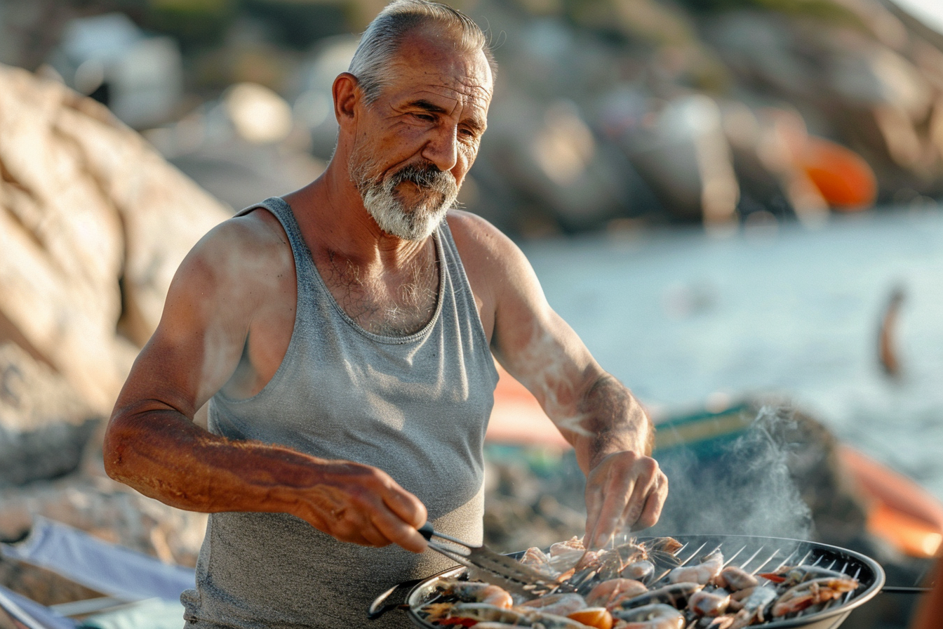 Image gratuite Homme grillant des fruits de mer sur la plage à la mer 2
