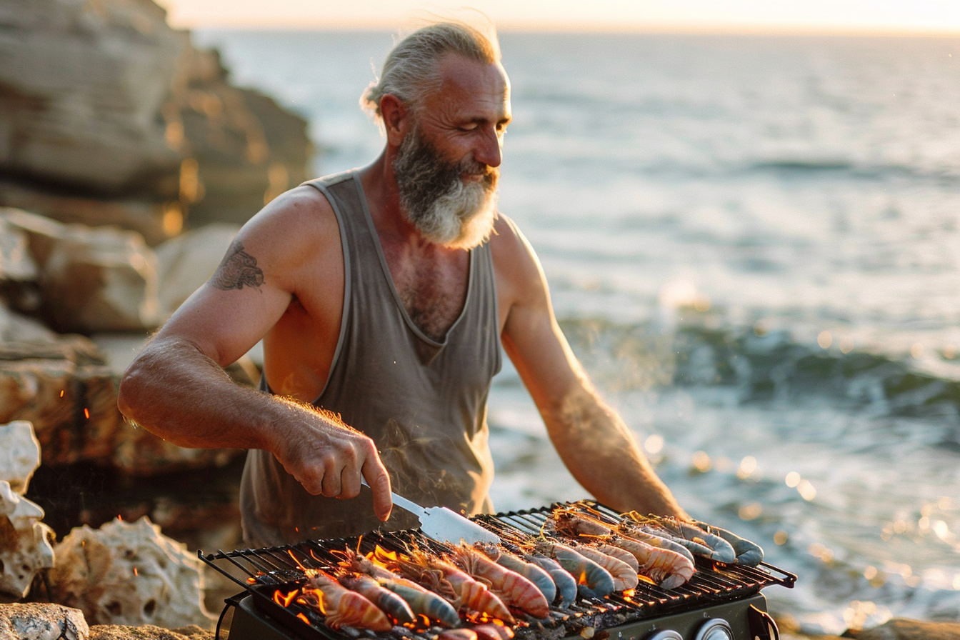 Image gratuite Homme grillant des fruits de mer sur la plage à la mer 3