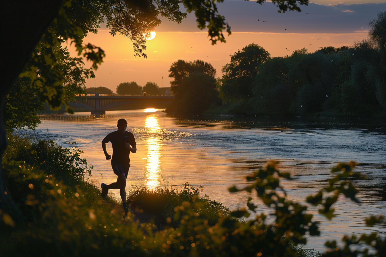 Image gratuite Homme jogging le long rivière coucher soleil 2
