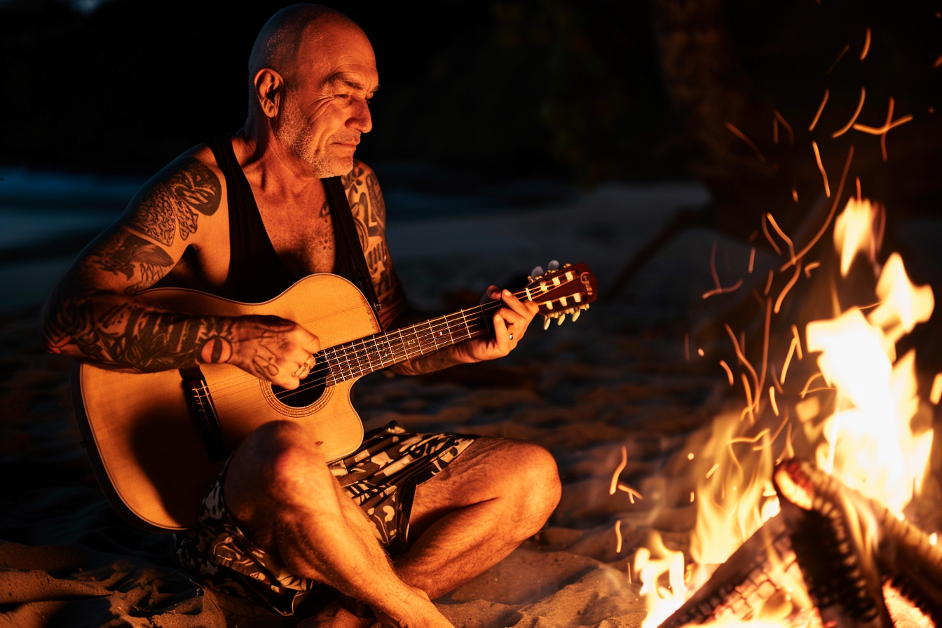 Image gratuite Homme jouant de la guitare près du feu de camp à la mer 1