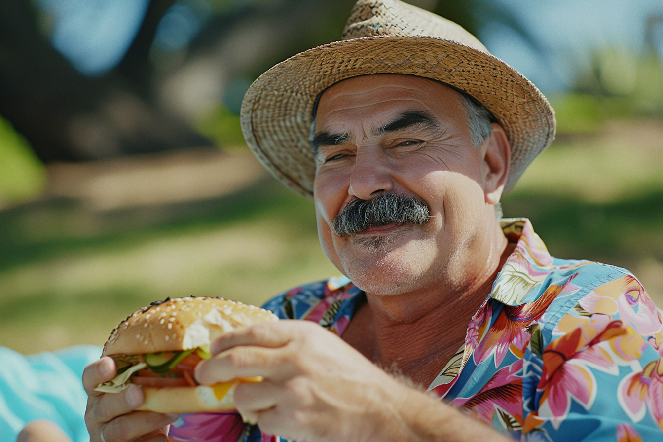 Image gratuite Homme mangeant un sandwich sur une serviette de plage 2