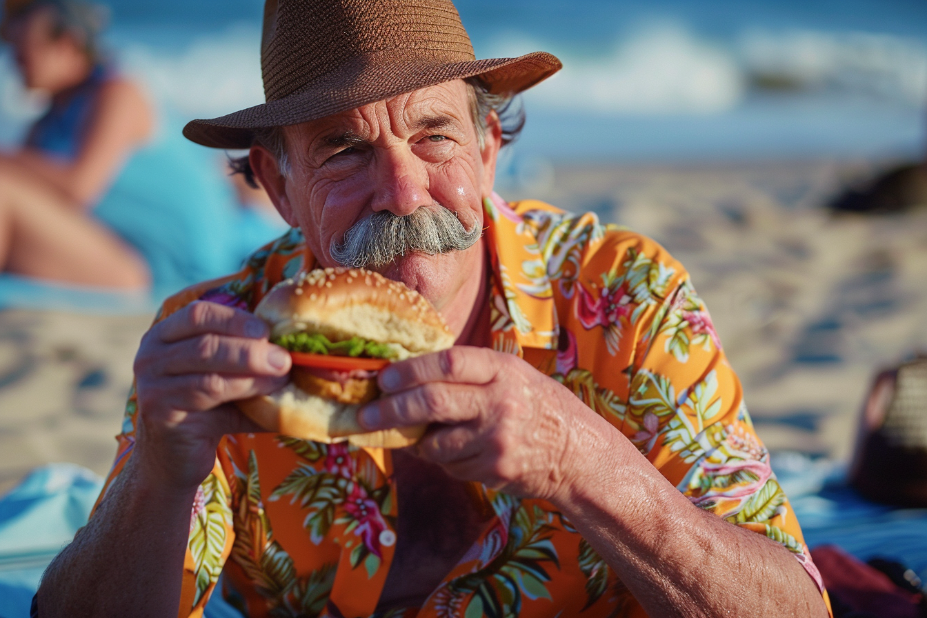 Image gratuite Homme mangeant un sandwich sur une serviette de plage 3