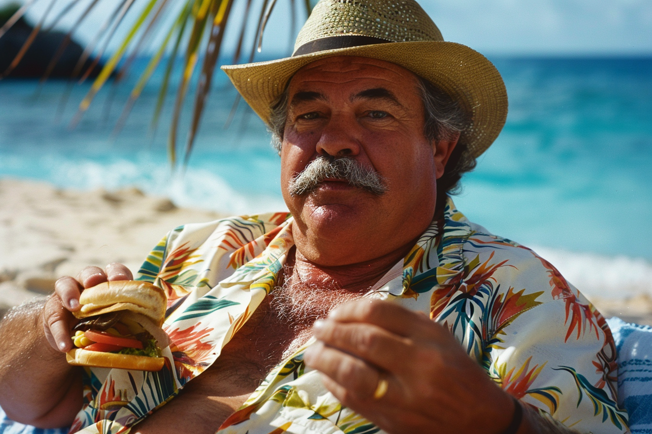 Image gratuite Homme mangeant un sandwich sur une serviette de plage 4