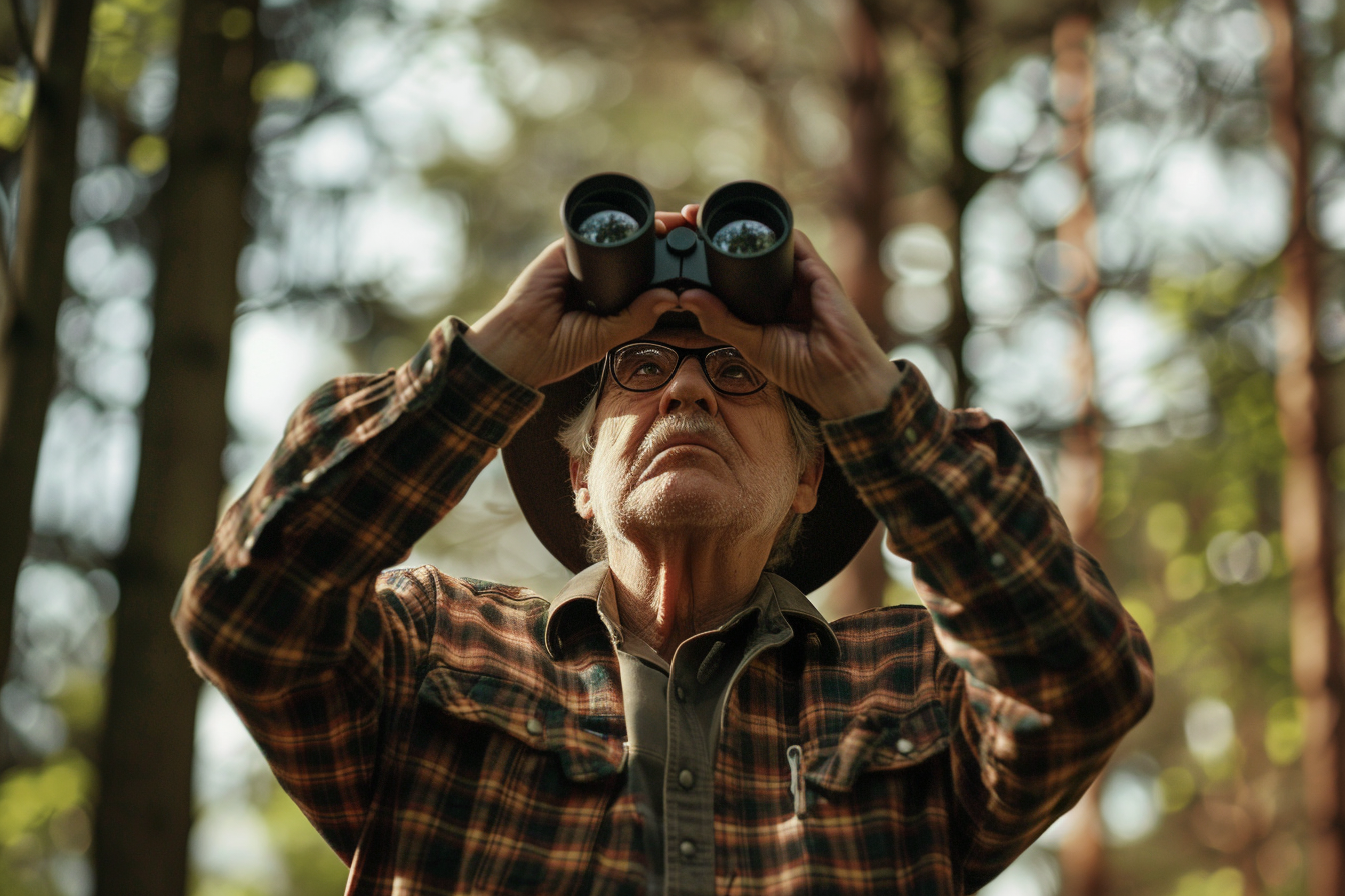 Image gratuite Homme observant les oiseaux dans une forêt 2