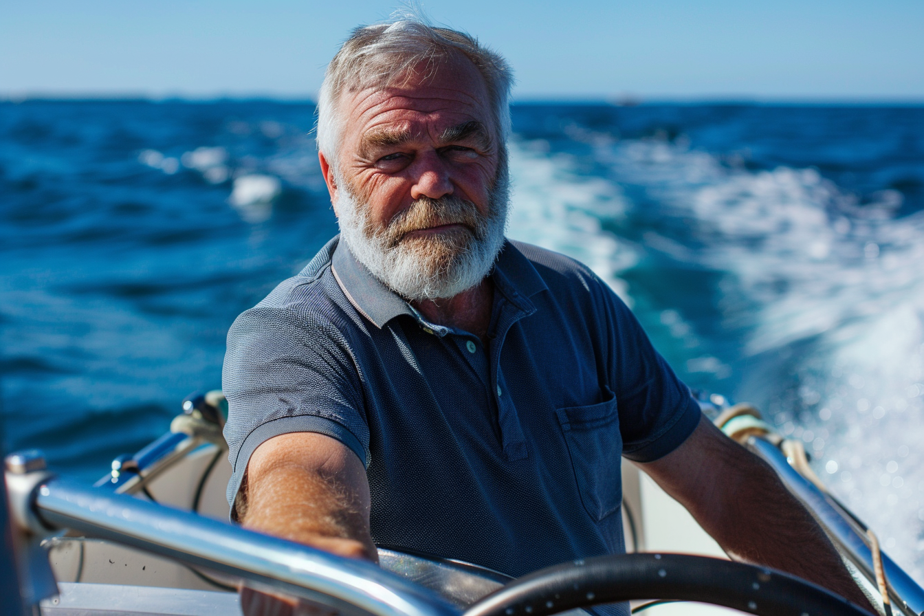 Image gratuite Homme pilotant un bateau à moteur avec la mer derrière lui 1
