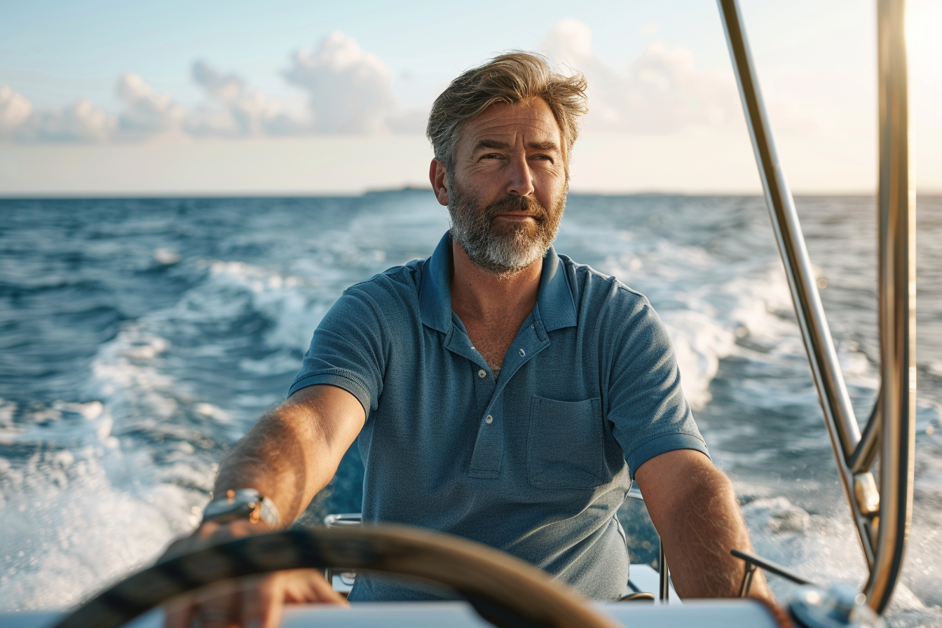 Image gratuite Homme pilotant un bateau à moteur avec la mer derrière lui 2