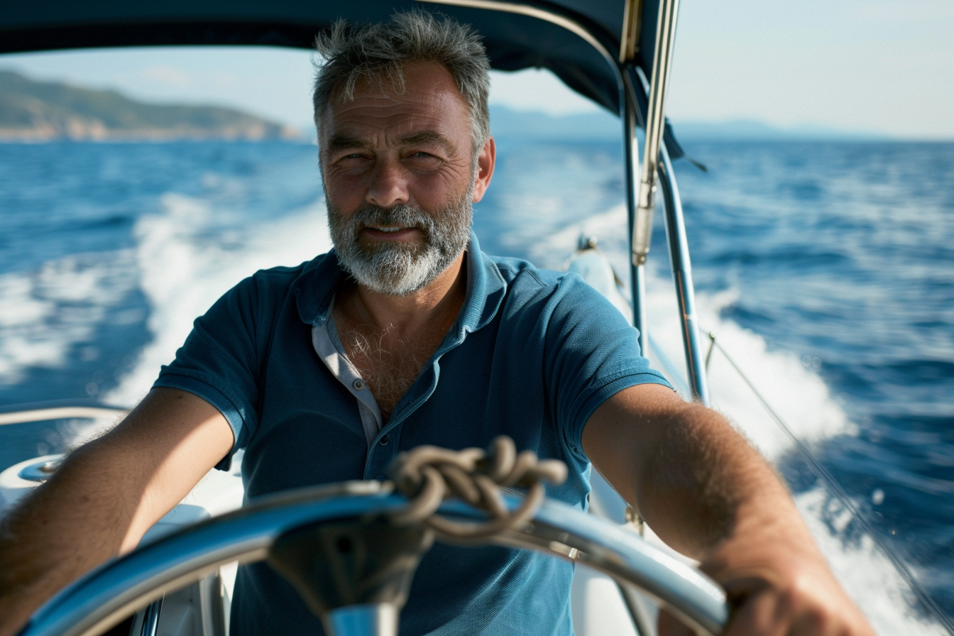 Image gratuite Homme pilotant un bateau à moteur avec la mer derrière lui 3