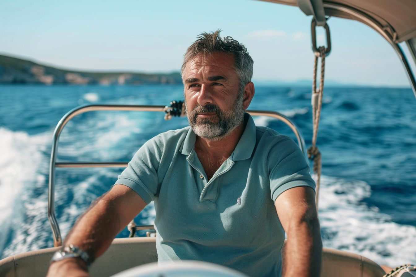 Image gratuite Homme pilotant un bateau à moteur avec la mer derrière lui 4