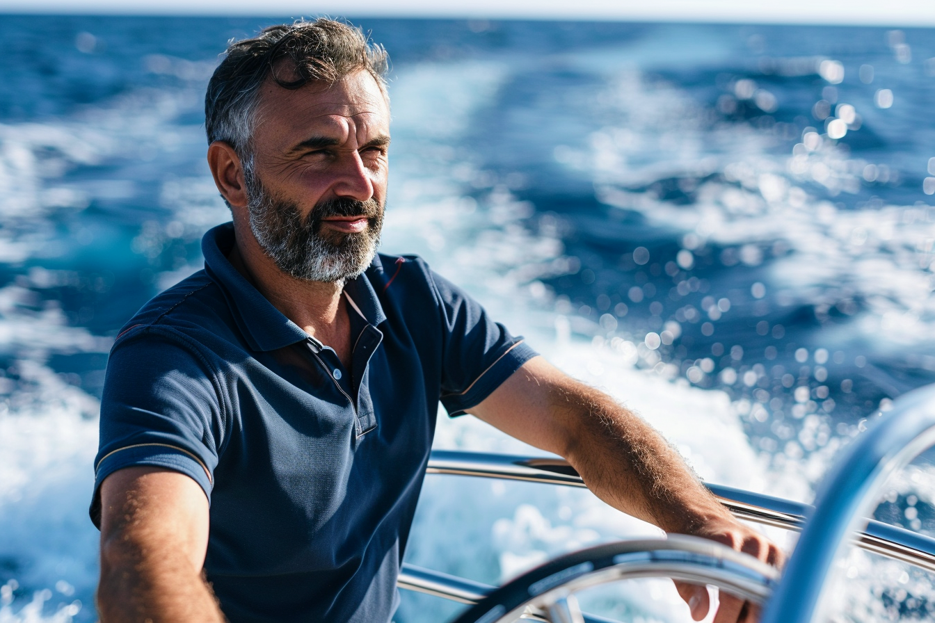 Image gratuite Homme pilotant un bateau à moteur avec la mer derrière lui 5