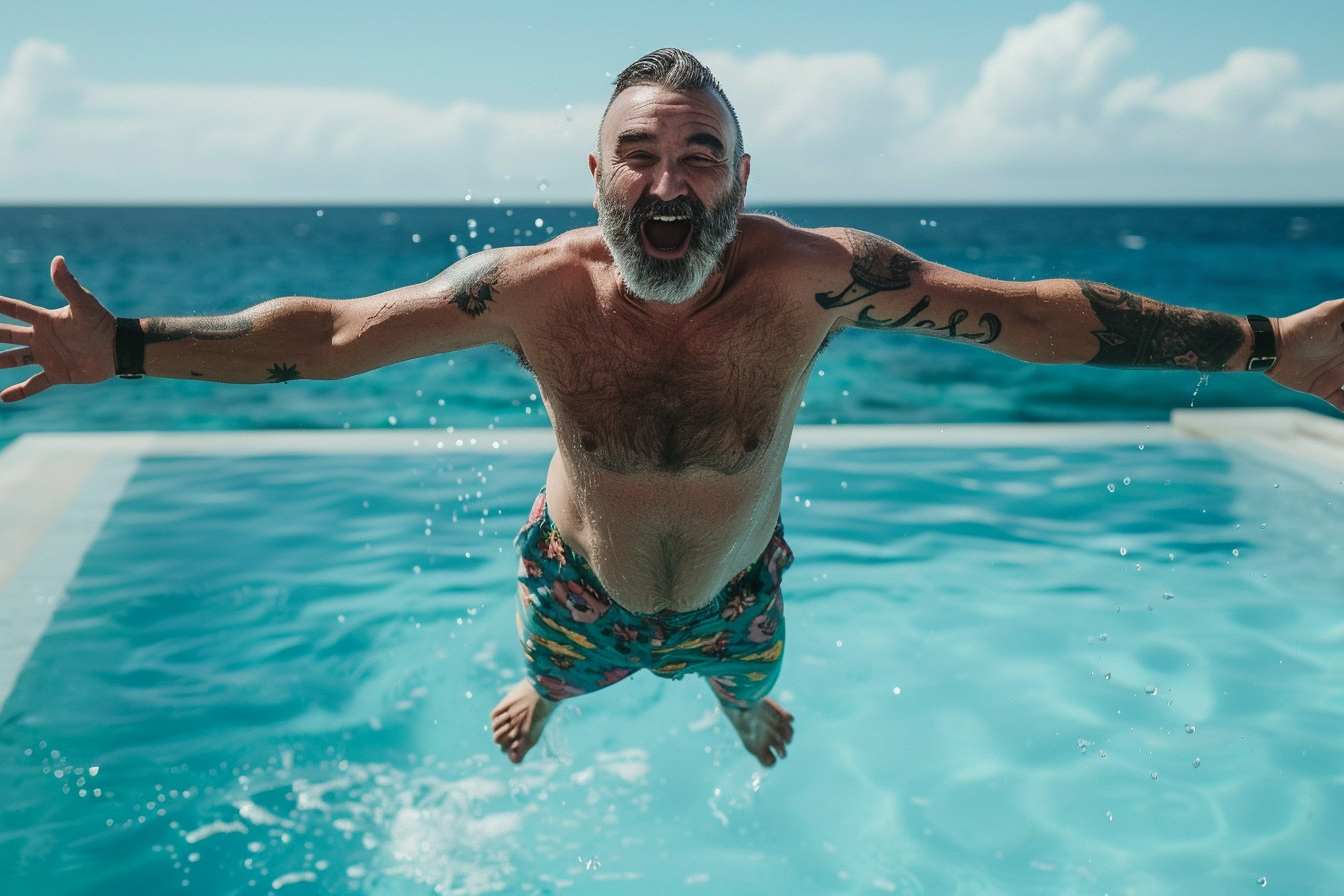 Image gratuite Homme plongeant dans une piscine avec l&rsquo;océan en arrière-plan 2