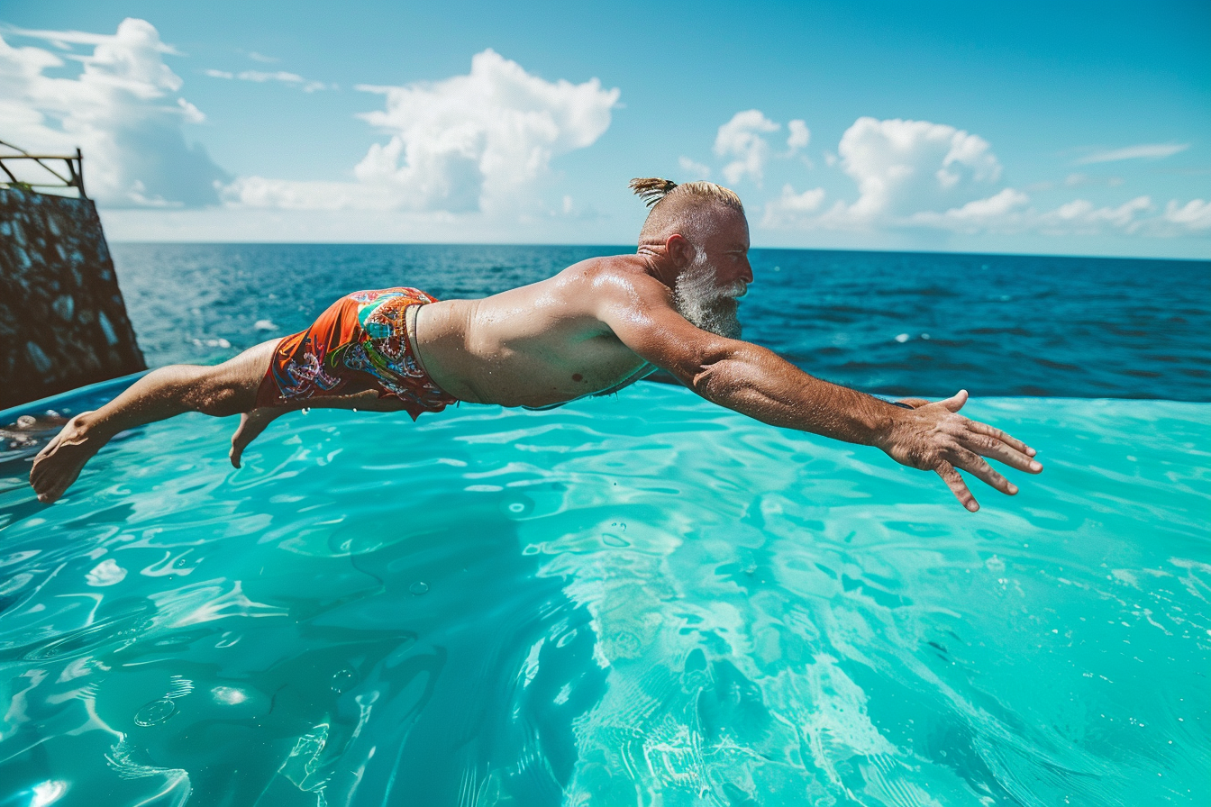 Image gratuite Homme plongeant dans une piscine avec l&rsquo;océan en arrière-plan 3