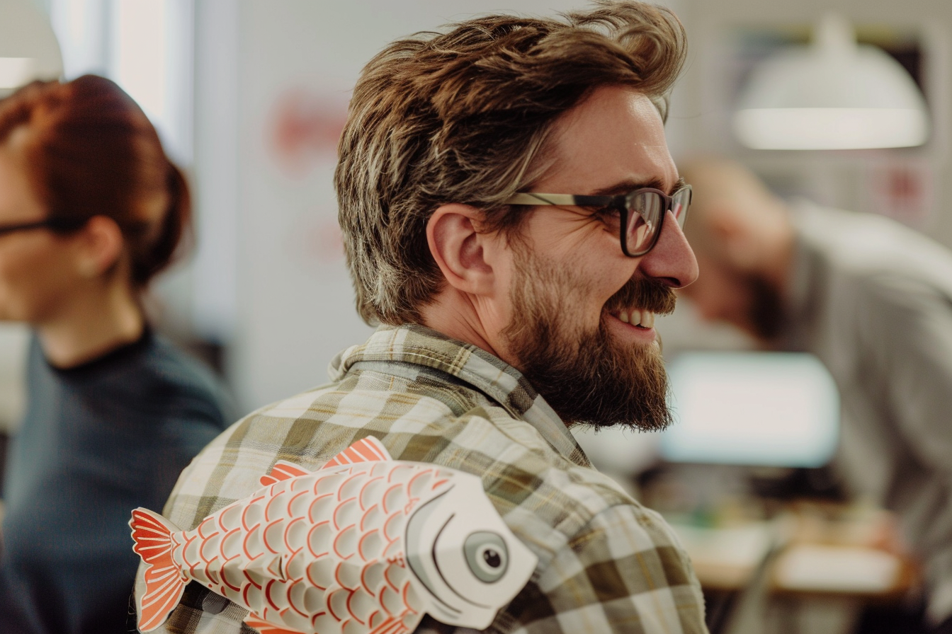 Image gratuite Homme, poisson papier dos ami, bureau, moment candide 1