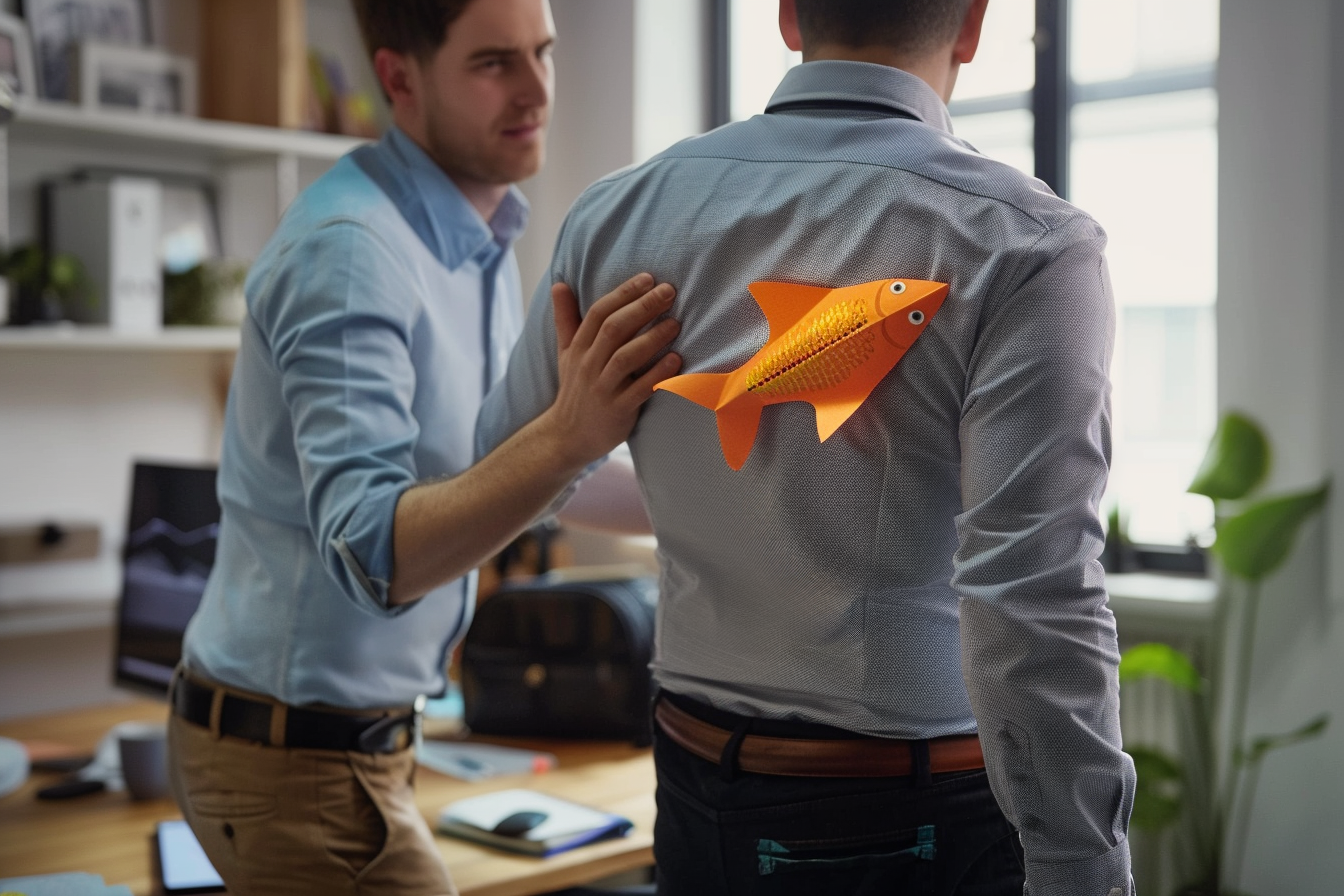 Image gratuite Homme, poisson papier dos ami, bureau, moment candide 2