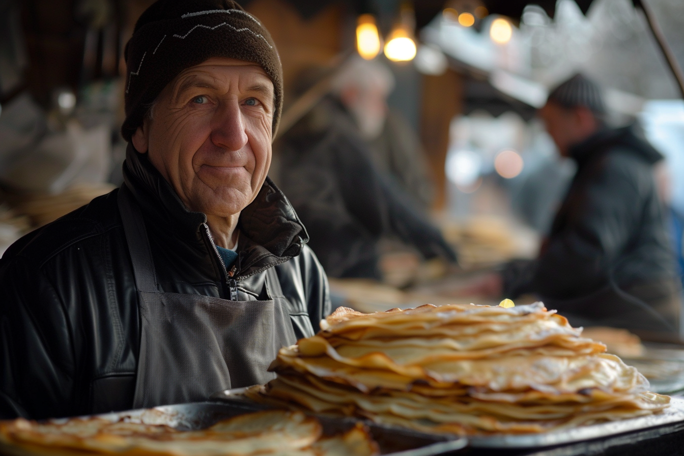 Image gratuite Homme prépare pile crêpes matin Chandeleur 1