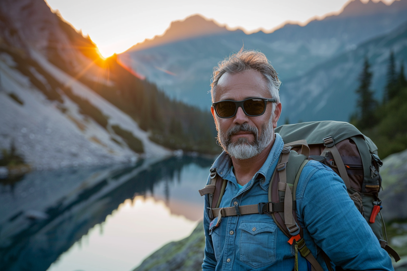 Image gratuite Homme près d&rsquo;un lac de montagne au coucher du soleil 1