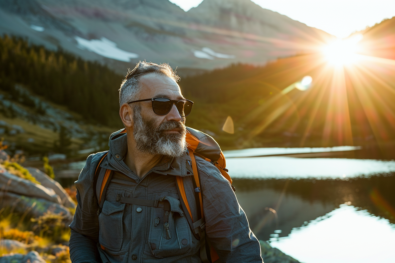 Image gratuite Homme près d&rsquo;un lac de montagne au coucher du soleil 3