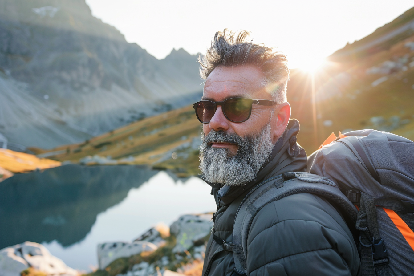 Image gratuite Homme près d&rsquo;un lac de montagne au coucher du soleil 4