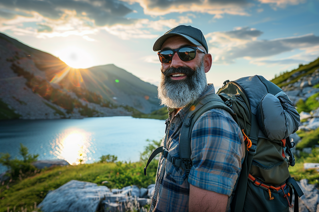 Image gratuite Homme près d&rsquo;un lac de montagne au coucher du soleil 6