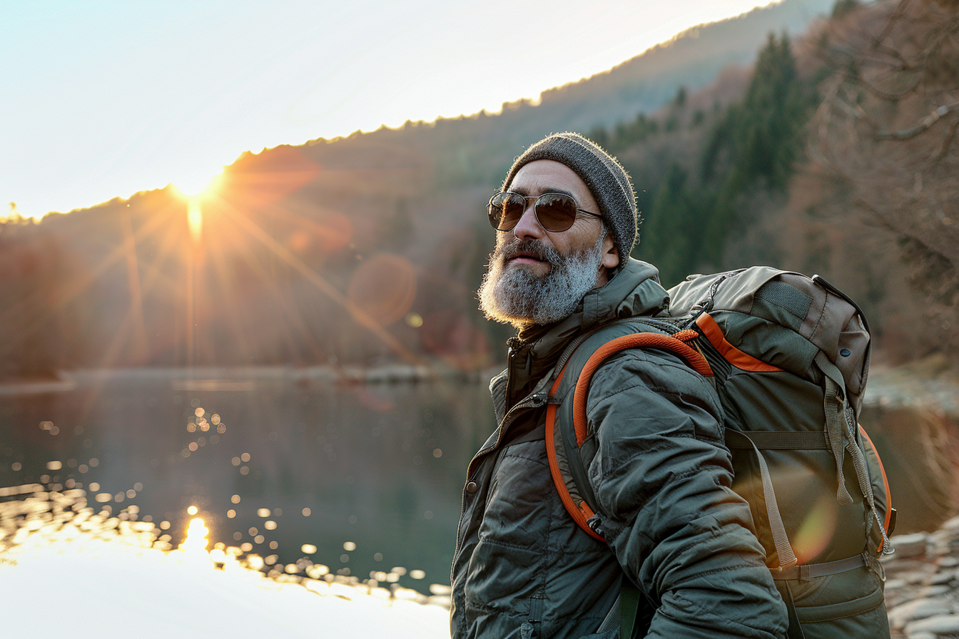 Image gratuite Homme près d&rsquo;un lac de montagne au coucher du soleil 7