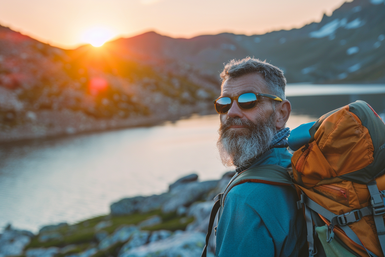 Image gratuite Homme près d&rsquo;un lac de montagne au coucher du soleil 8