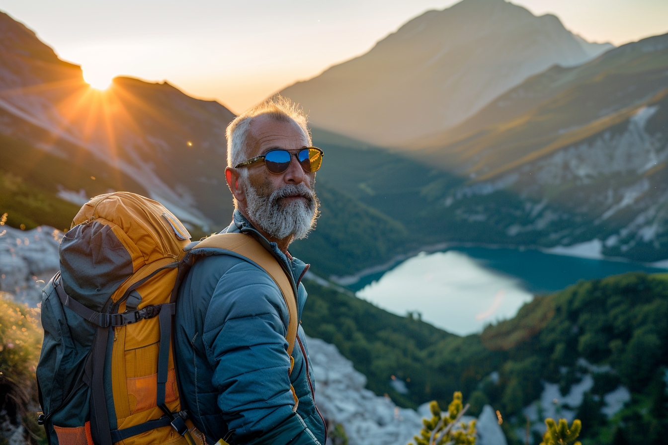 Image gratuite Homme près d&rsquo;un lac de montagne au coucher du soleil 9