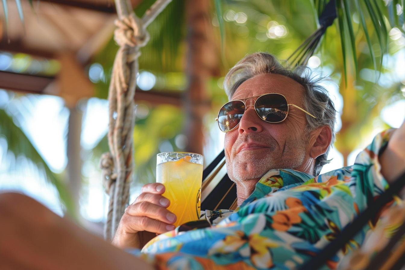 Image gratuite Homme relaxant sur un hamac avec un cocktail 1