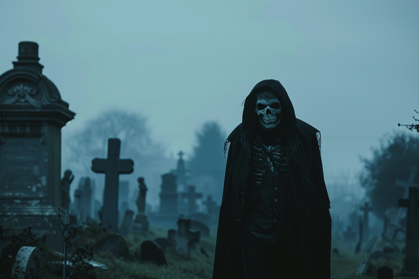 Image gratuite Homme squelette, cimetière brumeux, crépuscule 1