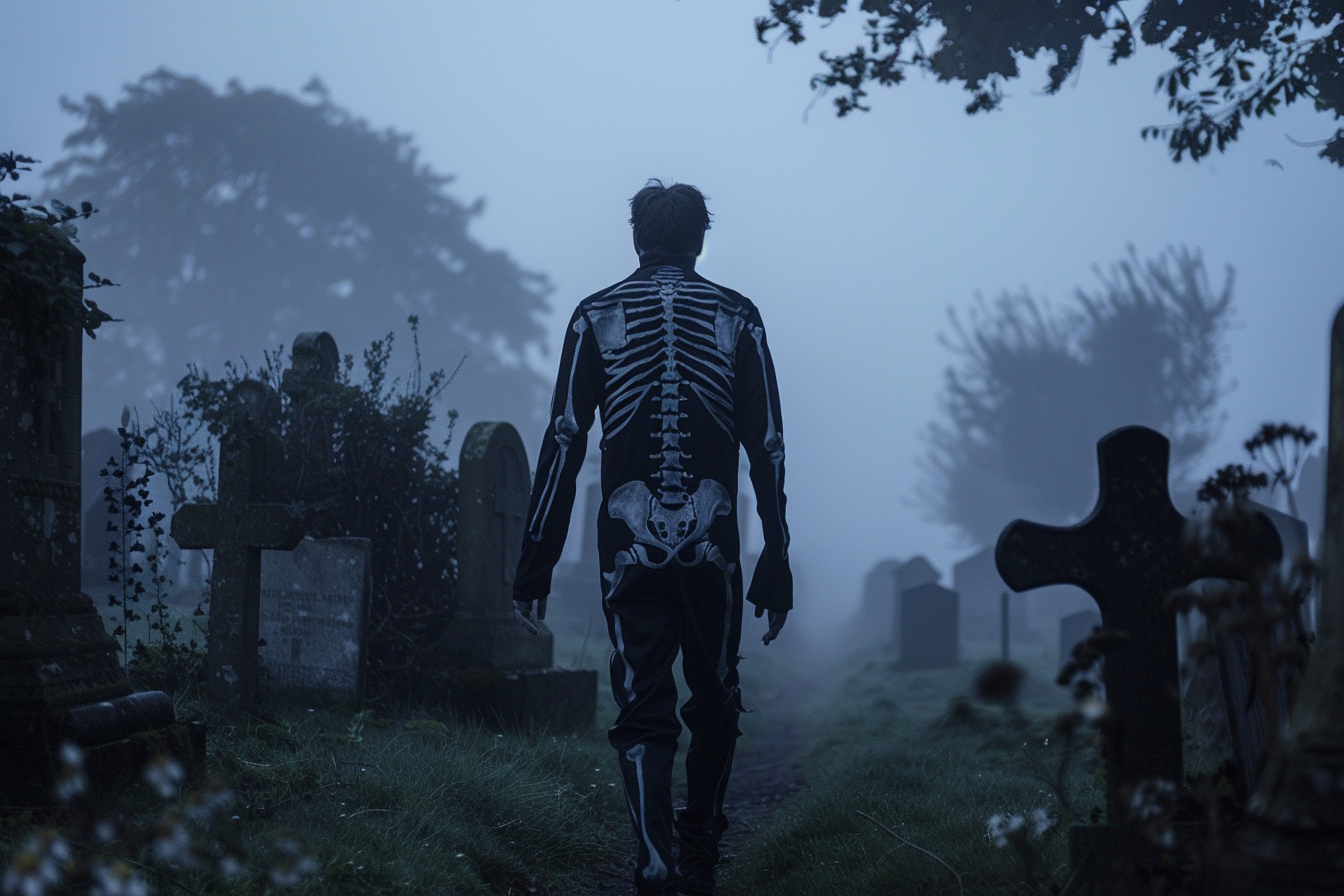 Image gratuite Homme squelette, cimetière brumeux, crépuscule 2