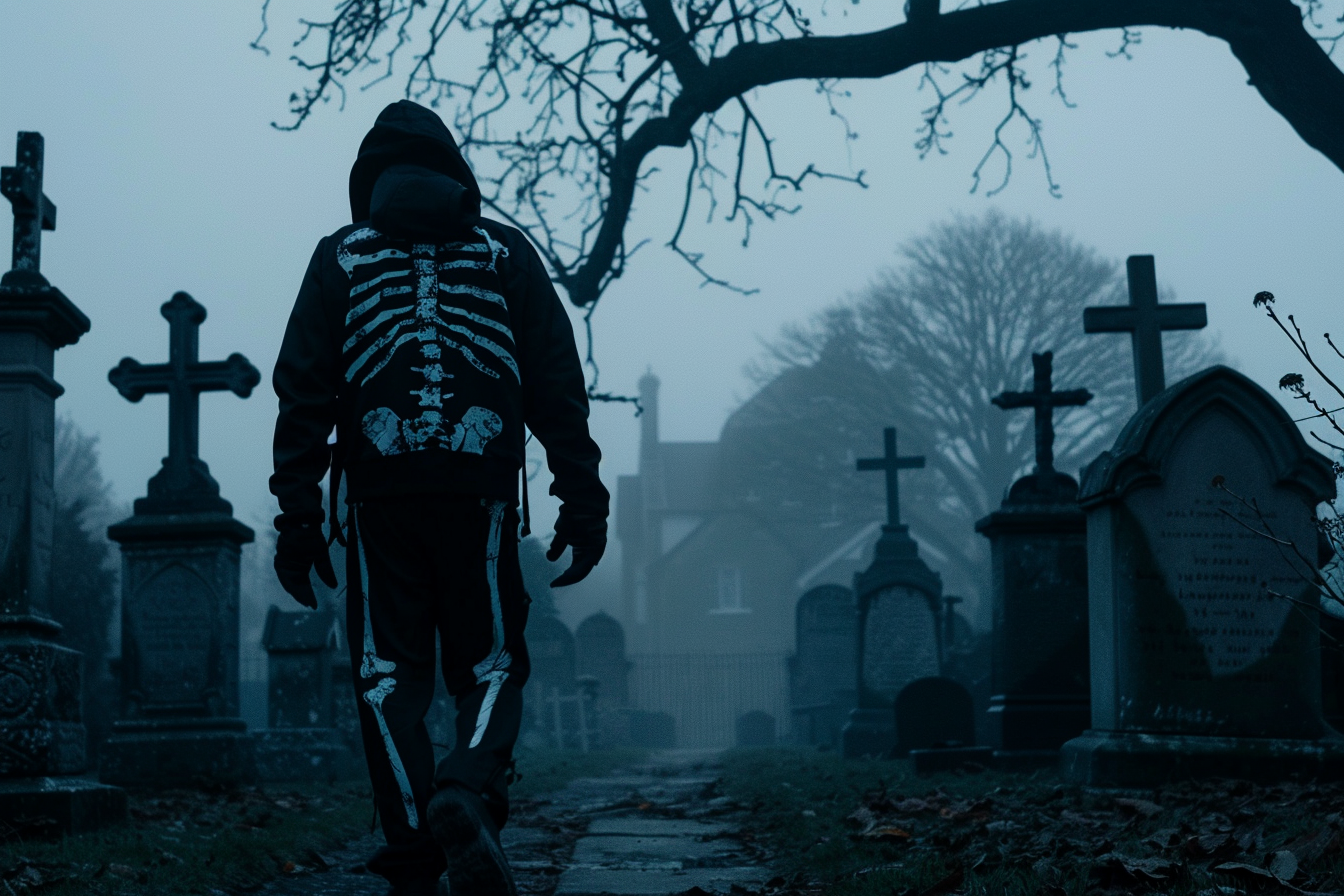 Image gratuite Homme squelette, cimetière brumeux, crépuscule 3