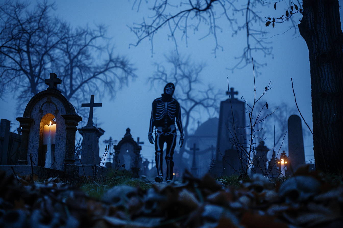 Image gratuite Homme squelette, cimetière brumeux, crépuscule 4