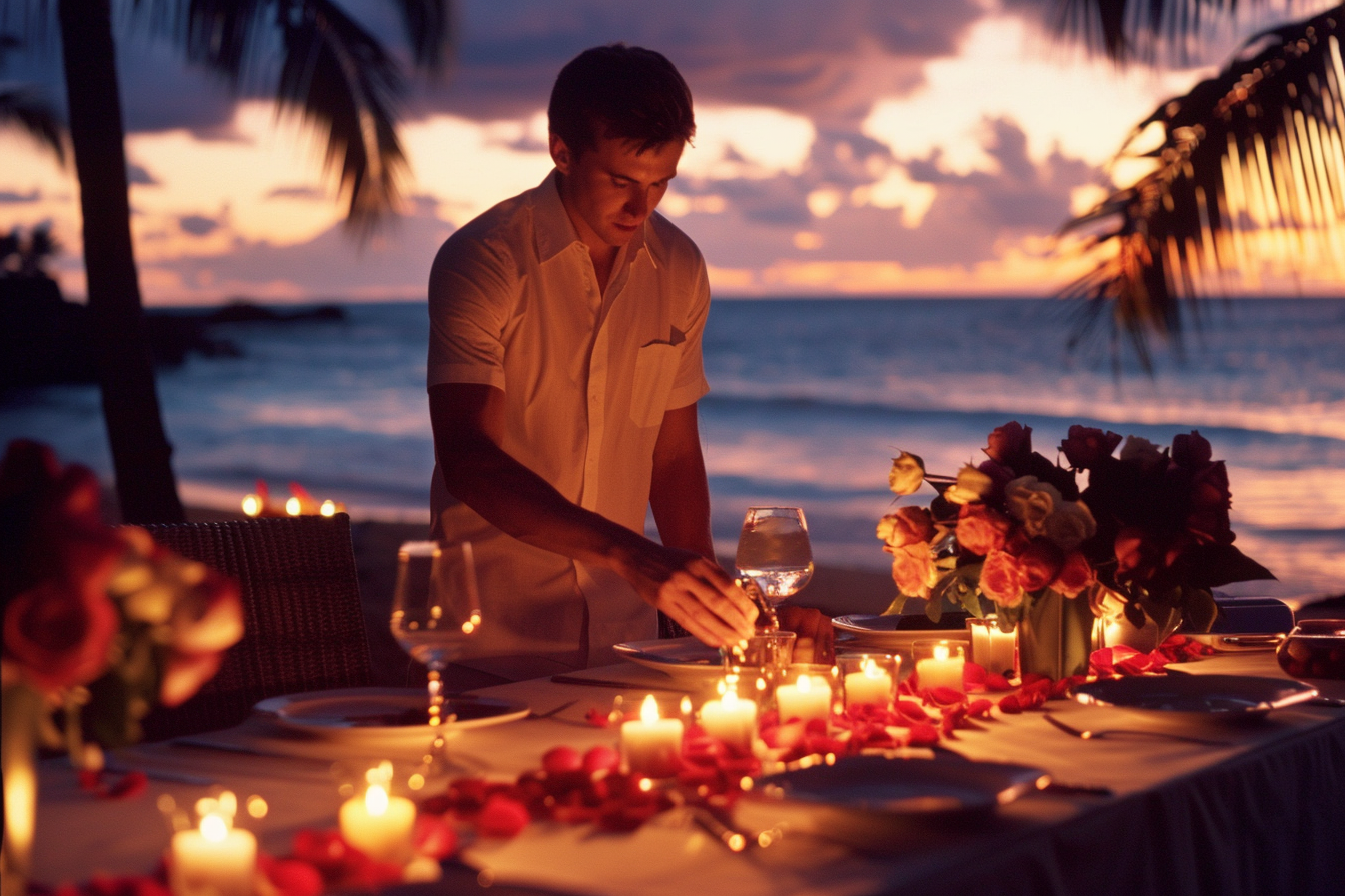 Image gratuite Homme, table romantique, bougies, roses, restaurant bord mer 1