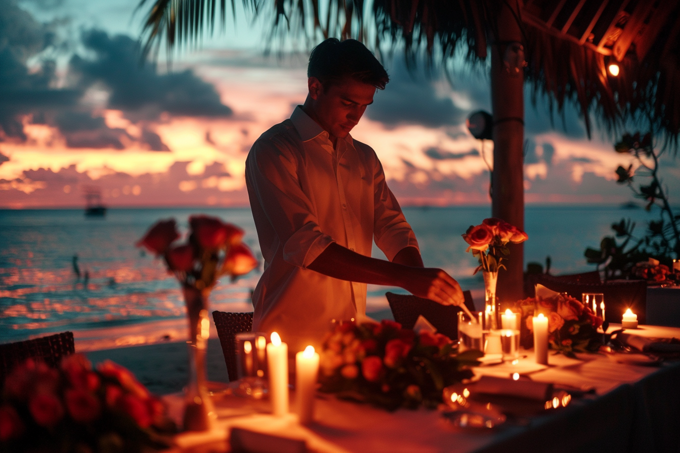 Image gratuite Homme, table romantique, bougies, roses, restaurant bord mer 2