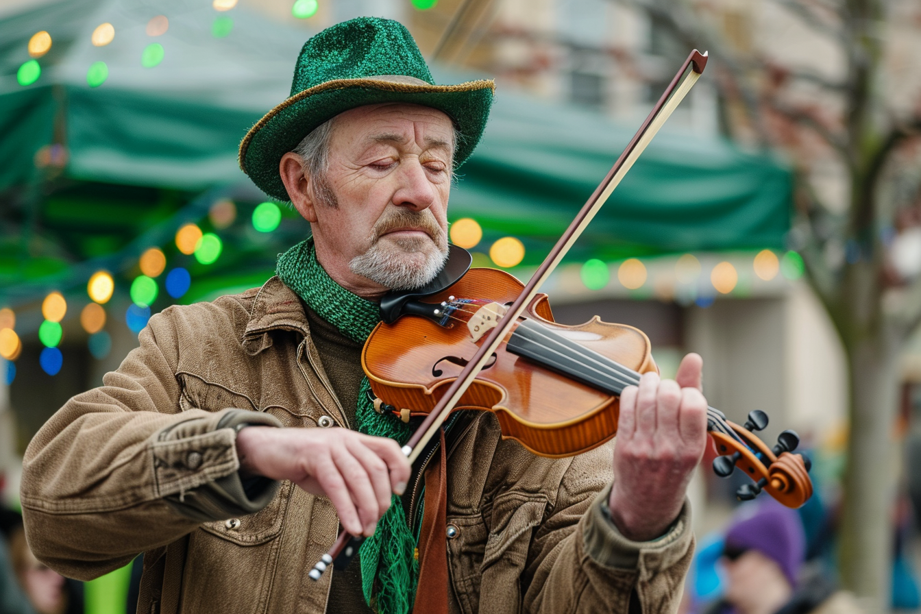Image gratuite Homme, violon irlandais, scène décorée, festival St-Patrick 1