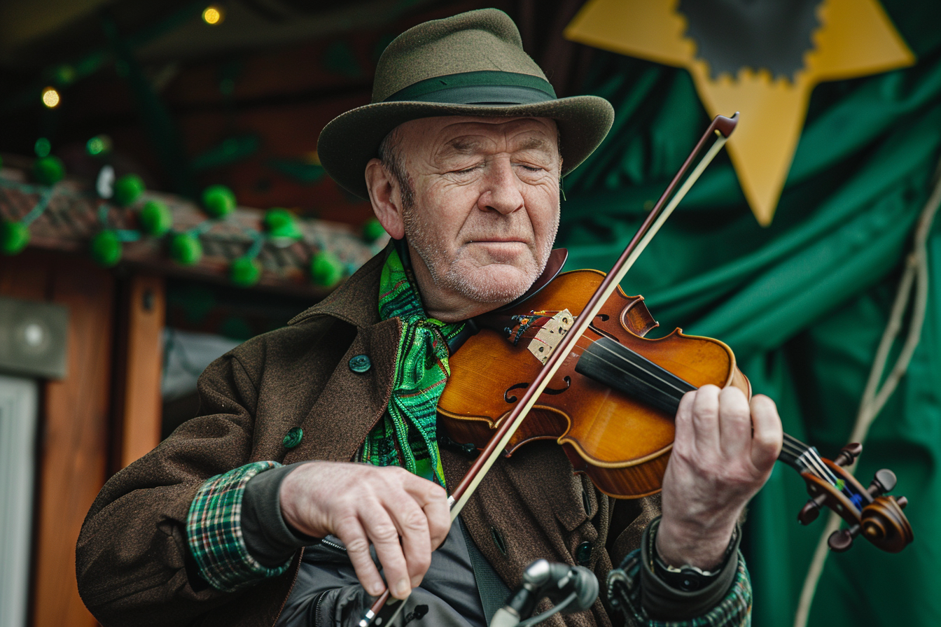 Image gratuite Homme, violon irlandais, scène décorée, festival St-Patrick 2