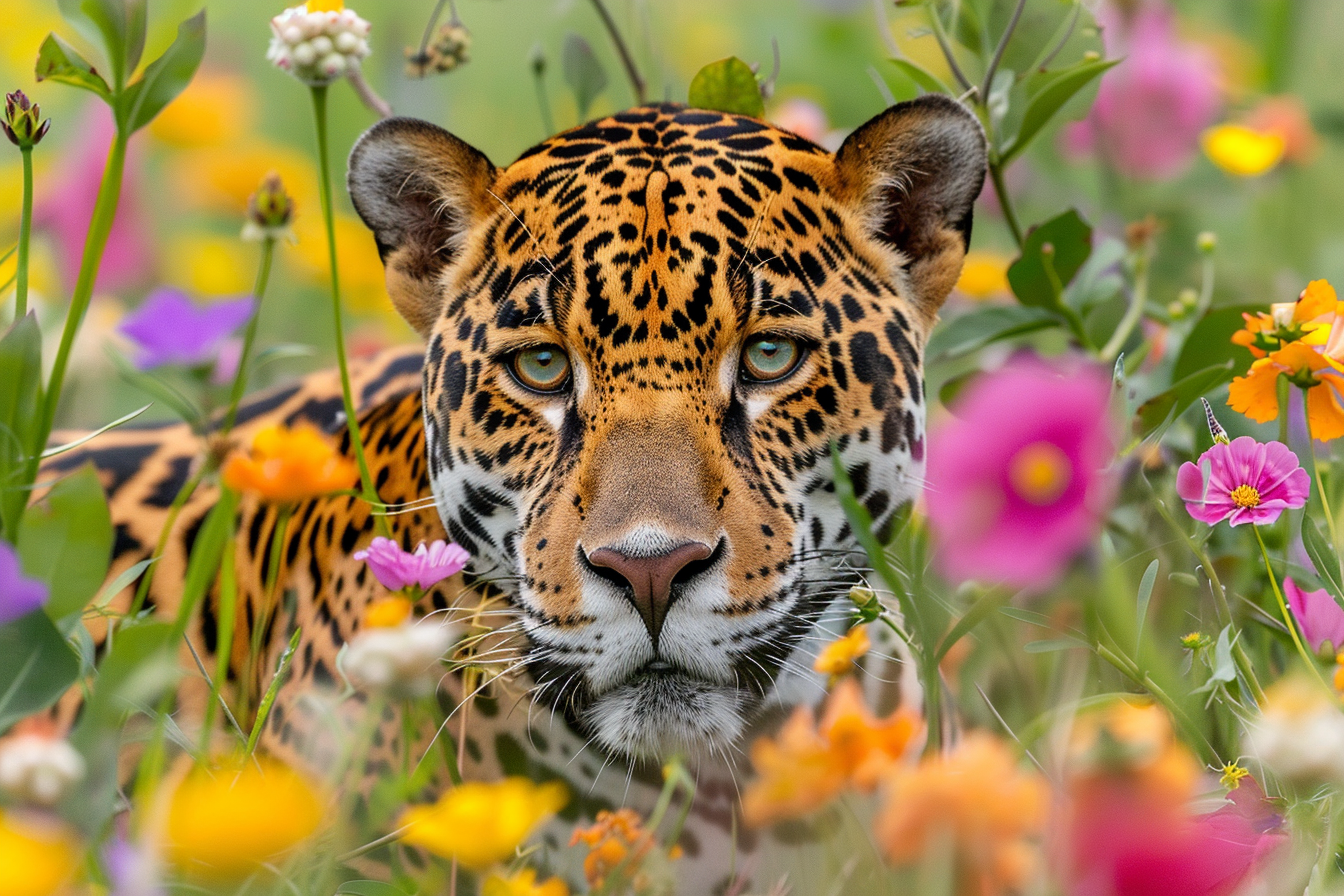 Image gratuite Jaguar curieux derrière fleurs sauvages 1