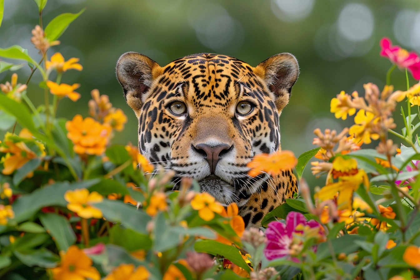 Image gratuite Jaguar curieux derrière fleurs sauvages 2