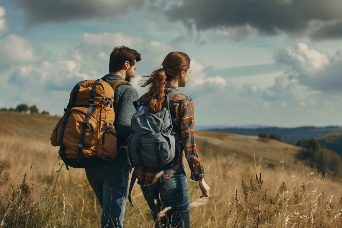 Image gratuite Jeune couple en trekking dans un paysage rural 1