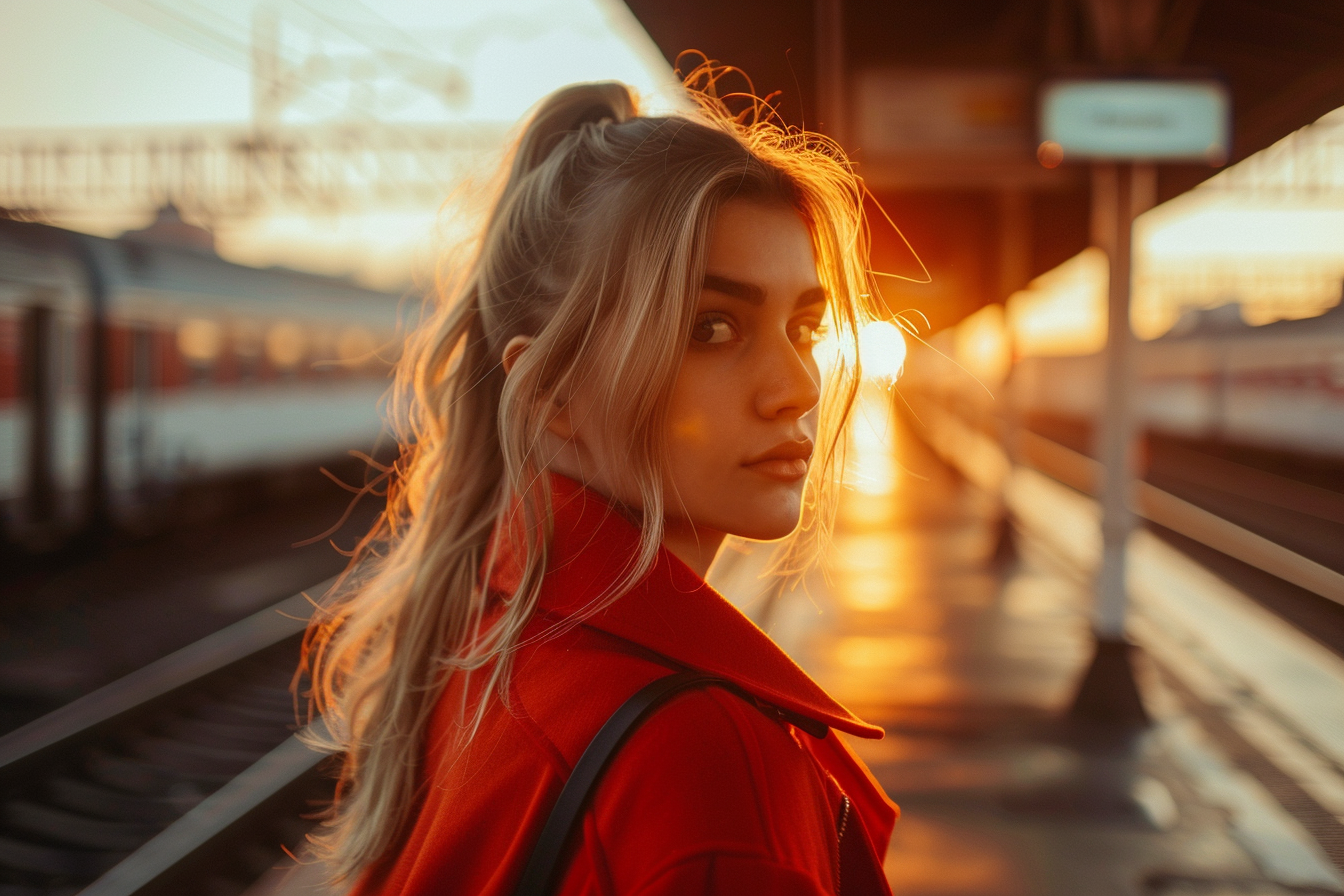 Image gratuite Jeune femme à la gare au coucher du soleil 1