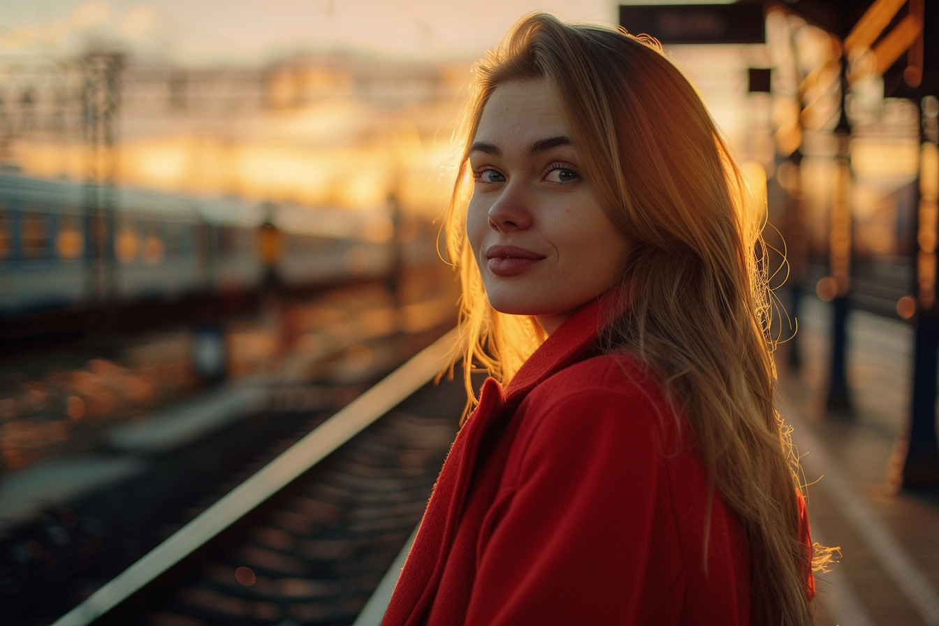 Image gratuite Jeune femme à la gare au coucher du soleil 2