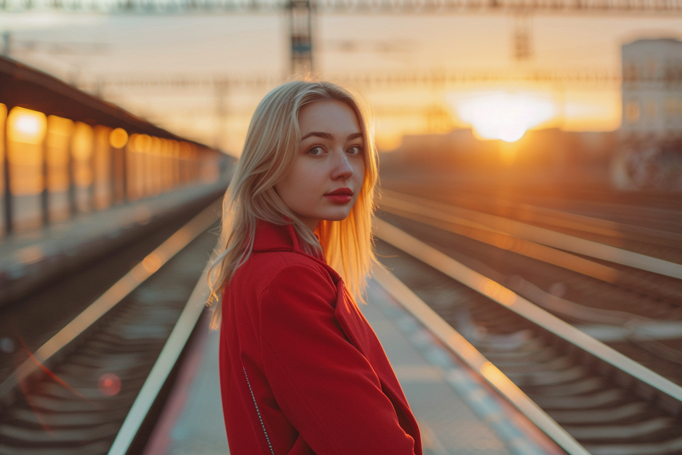 Image gratuite Jeune femme à la gare au coucher du soleil 3