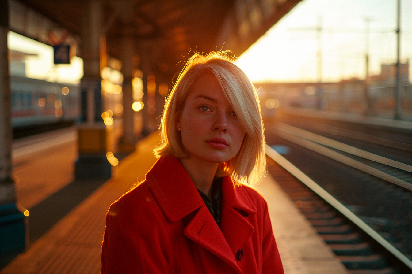 Image gratuite Jeune femme à la gare au coucher du soleil 4