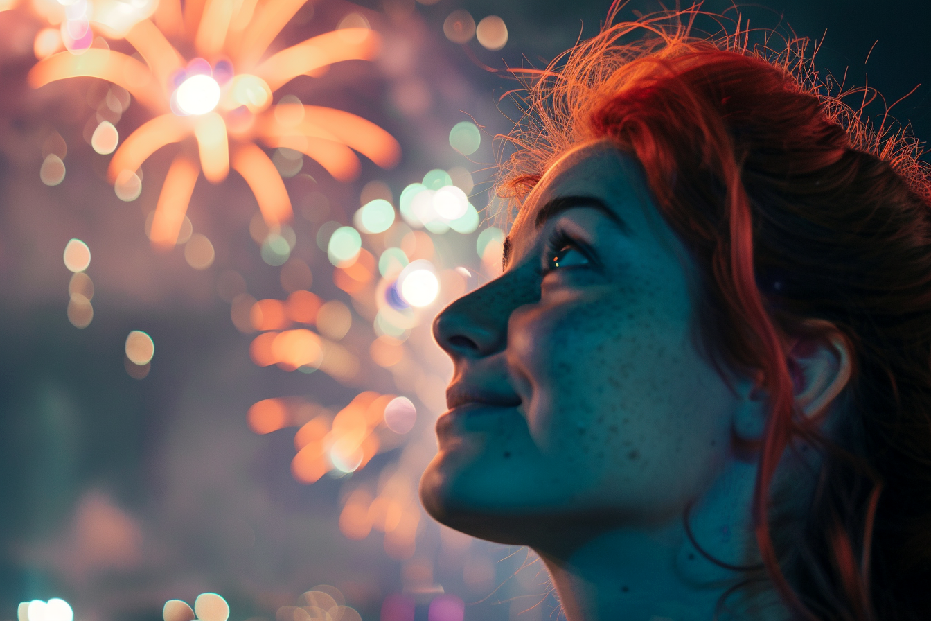 Image gratuite Jeune femme admirant les feux d&rsquo;artifice du 14 juillet 1