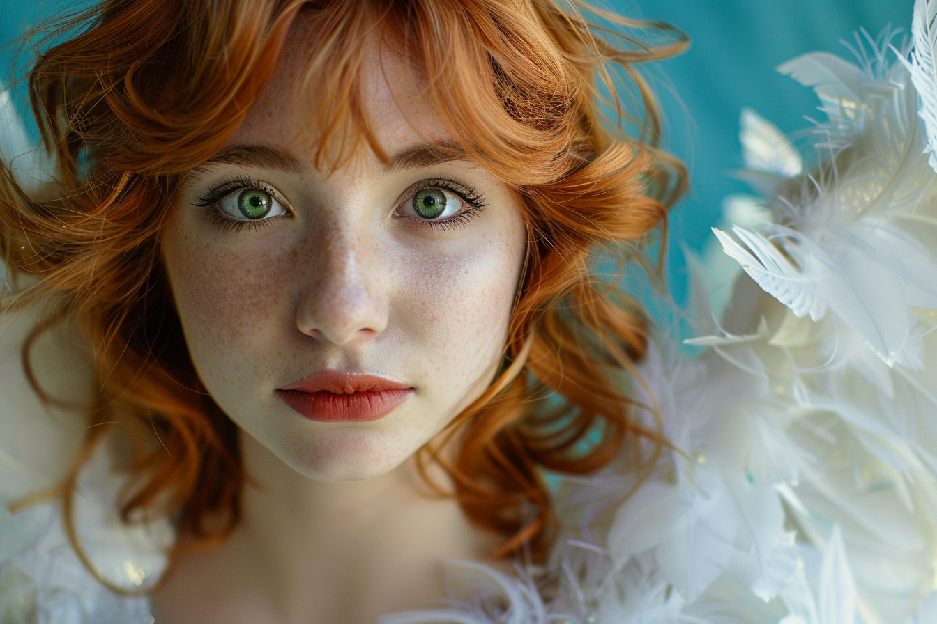 Image gratuite Jeune femme ange de Noël sur fond bleu céleste 1