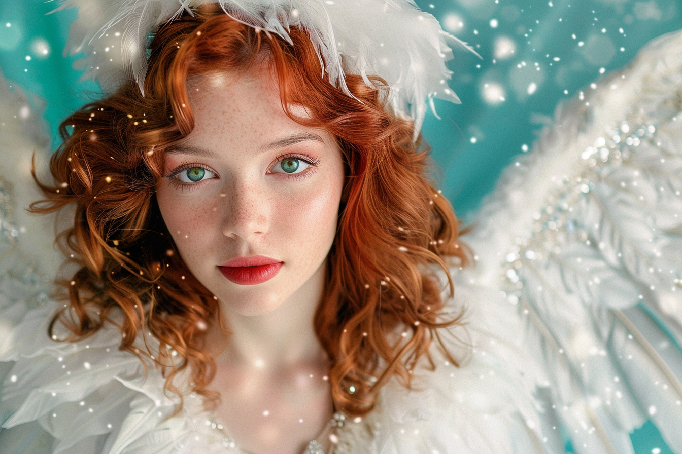 Image gratuite Jeune femme ange de Noël sur fond bleu céleste 2