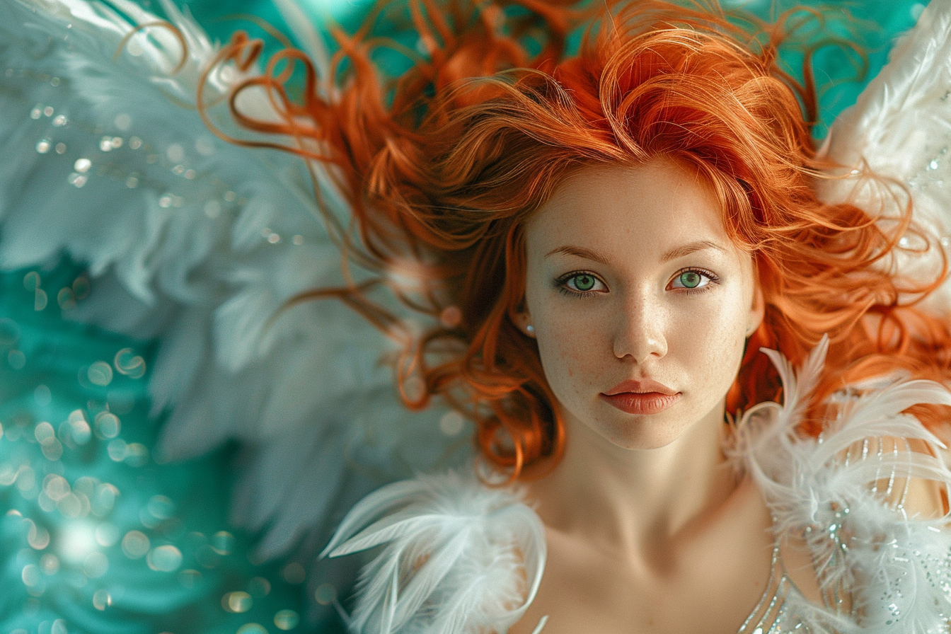 Image gratuite Jeune femme ange de Noël sur fond bleu céleste 3