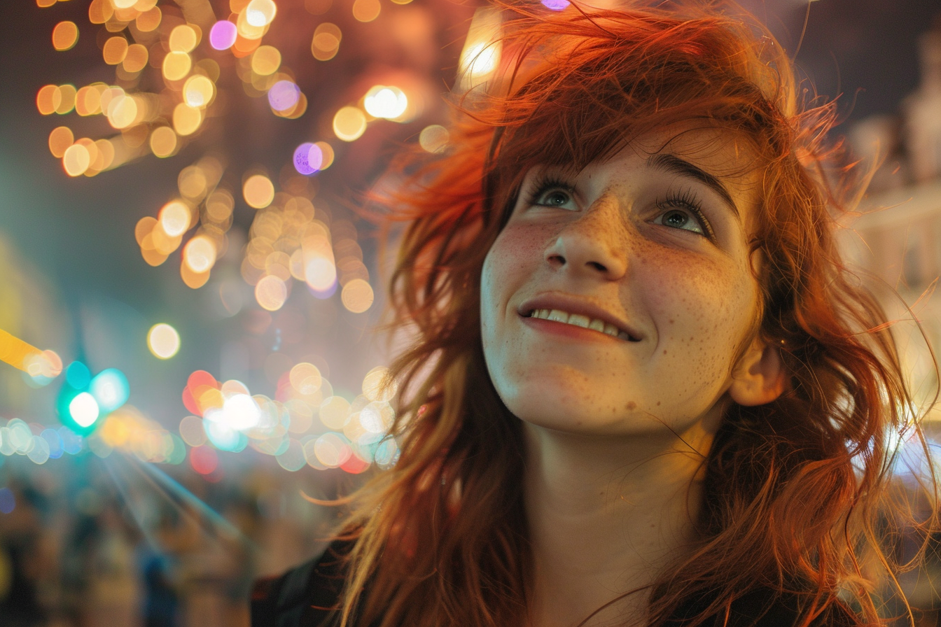 Image gratuite Jeune femme appréciant les feux d&rsquo;artifice du 14 juillet 1