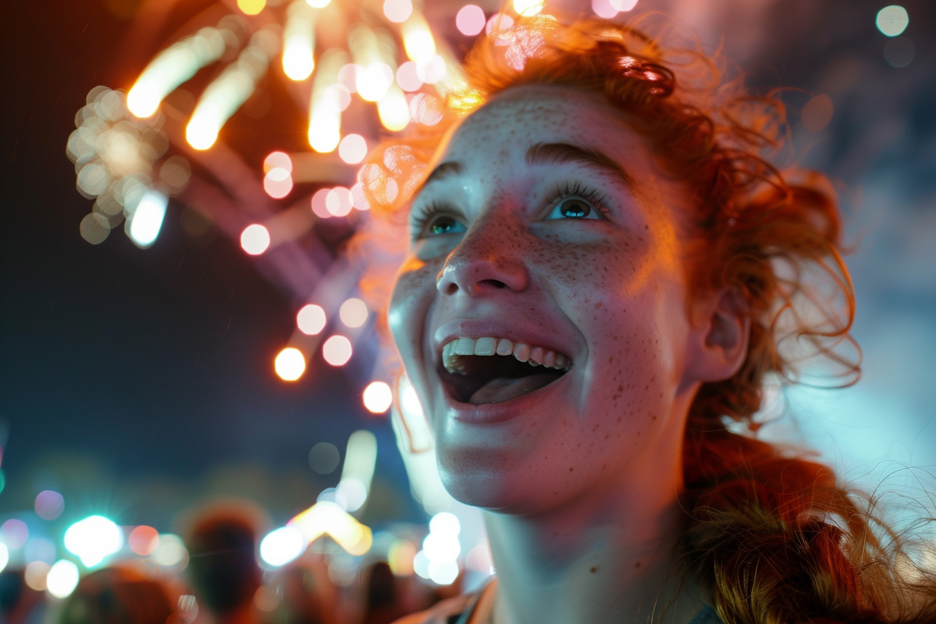 Image gratuite Jeune femme appréciant les feux d&rsquo;artifice du 14 juillet 2