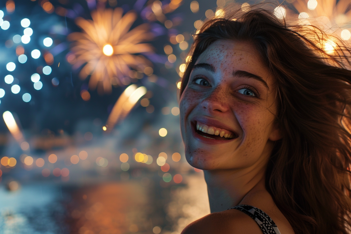 Image gratuite Jeune femme appréciant les feux d&rsquo;artifice du 14 juillet 3